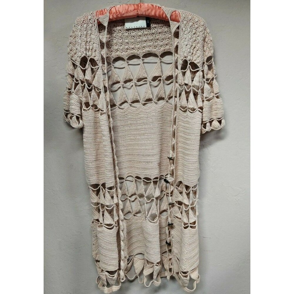 Mike Gonzalez Women XS Crochet Knit Boho Duster Long Cardigan Short Sleeve Beige